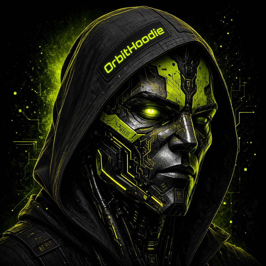 OrbitHoodie cybernetic hooded outlaw with neon circuit implants